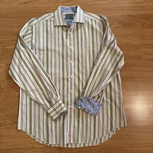 Thomas‎ Dean Shirt Men's Large Multicolor Striped Flip Cuffs 2 Ply Yarn Preppy